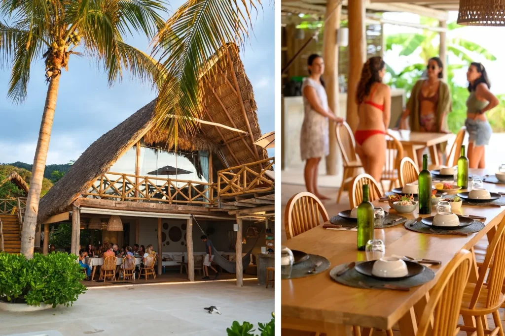 Beachfront palapa dining area at sunset and a table set for a family lunch at Mixto in Quimixto, Mexico