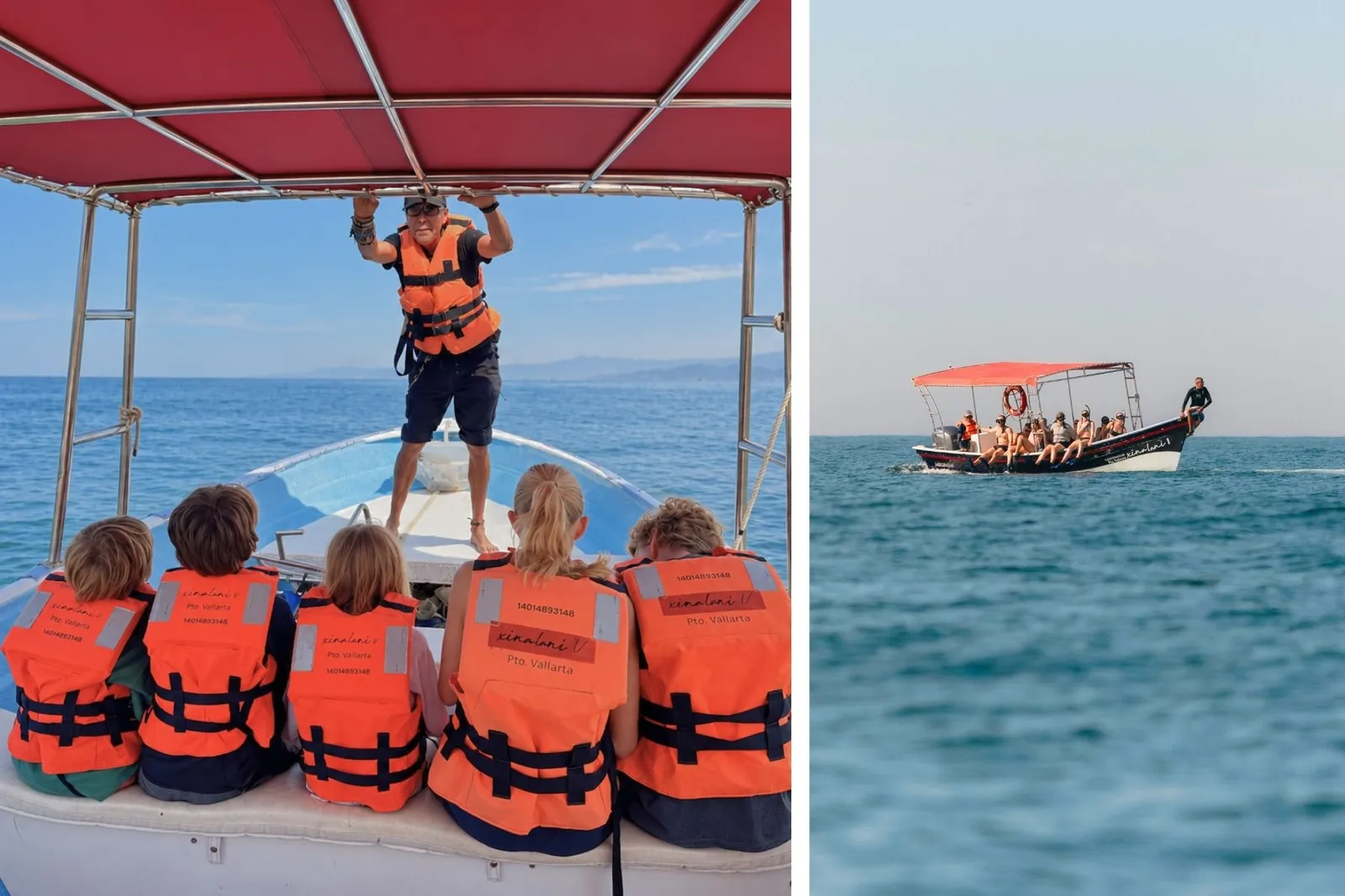 Kids in life vests on a boat ride across Banderas Bay, and the excursion boat on its way to Quimixto