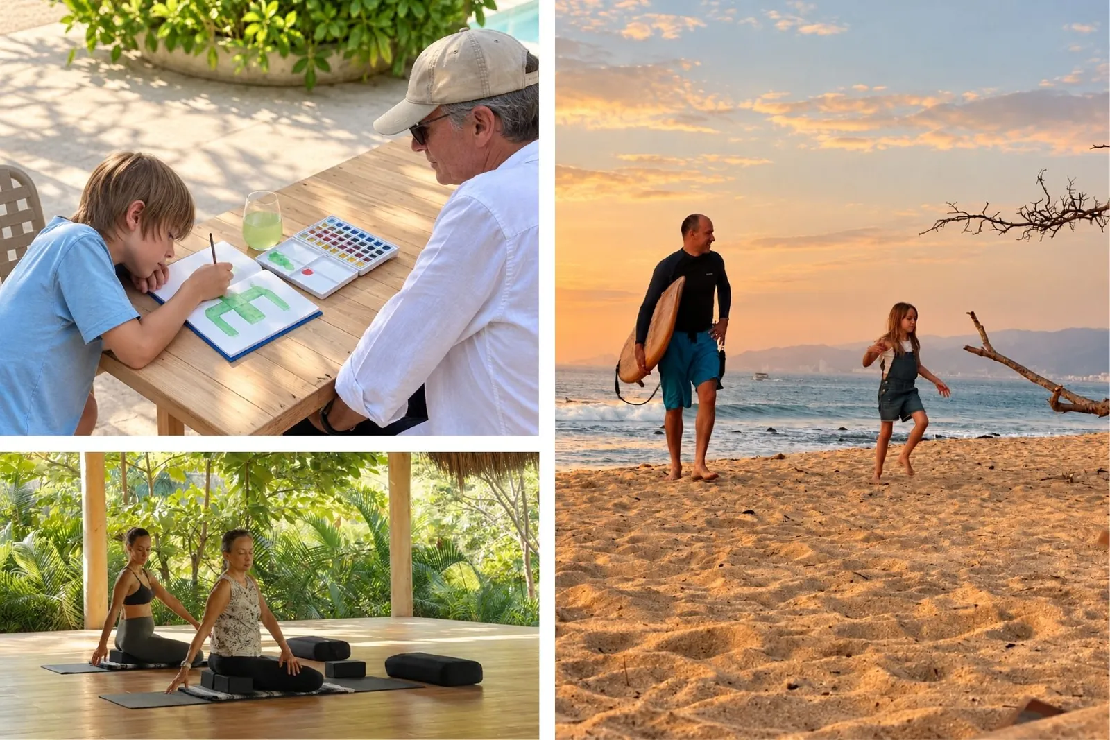 Family vacation activities: watercolor painting by the pool, jungle yoga studio and a father and daughter surfing at sunset