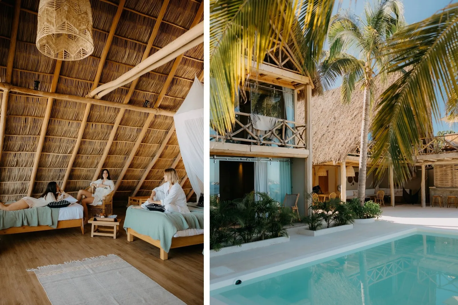 Open-air palapa bedroom with two beds and the pool at Mixto, a private beachfront villa near Puerto Vallarta